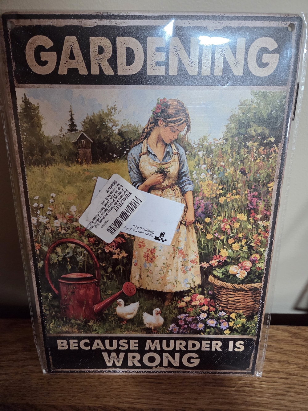 Gardening Because Murder Is Wrong Wall Sign - Vintage Floral Artwork. NWT